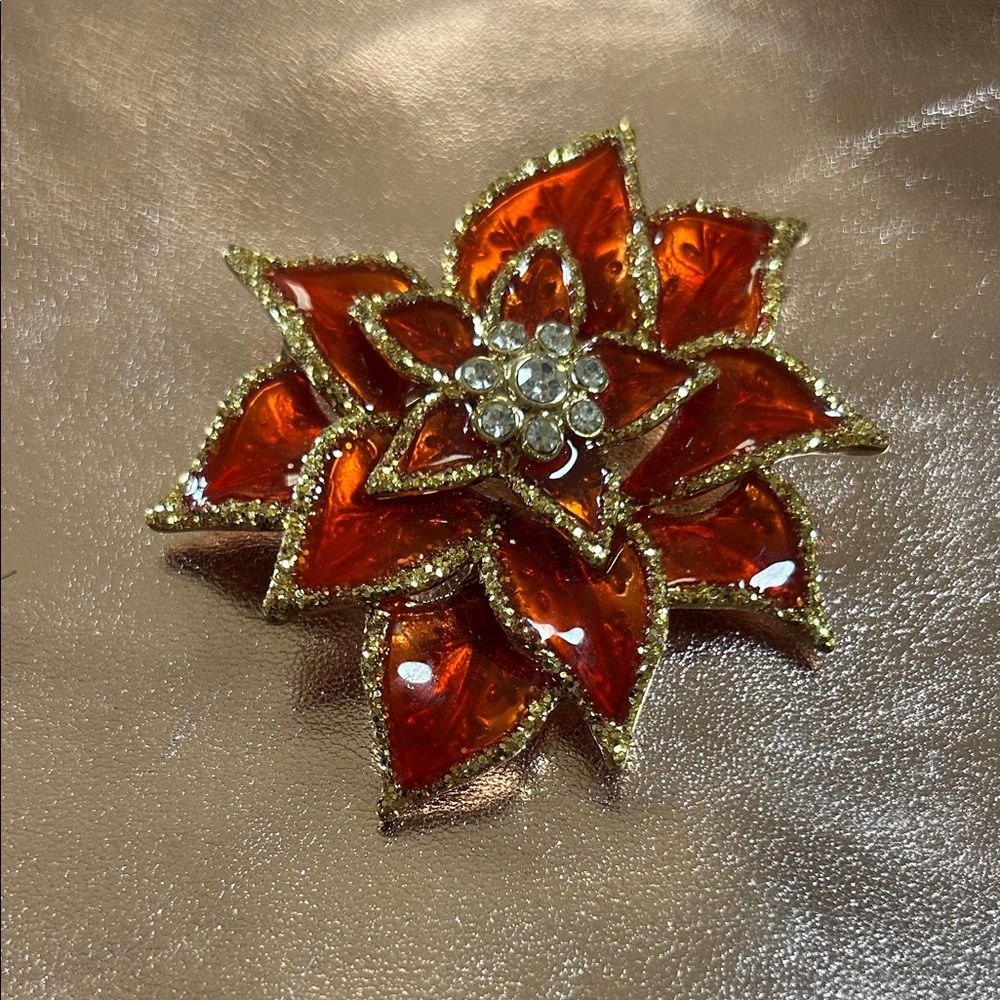 Vintage Elegant Gold and Red Floral Brooch #2539
